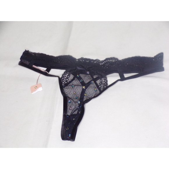 PALINDROME Mimi Cut-Out Sheer Lace Sexy Thong Panty Black Medium NEW - Picture 7 of 8